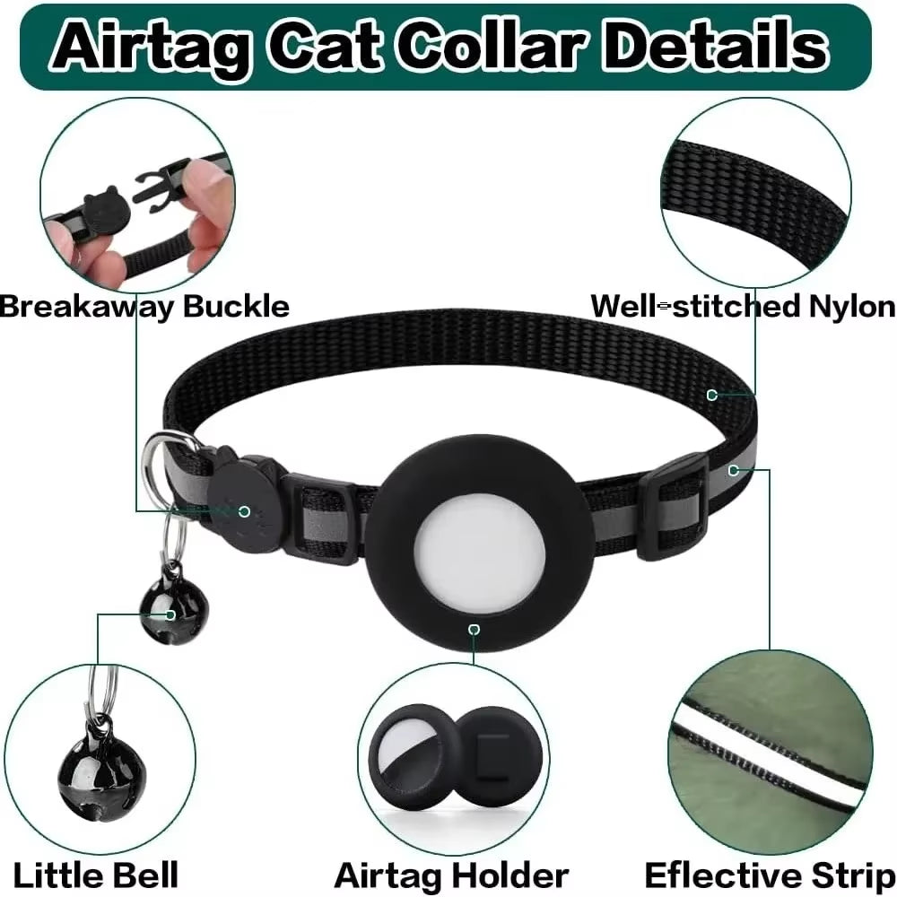 Cute Cat Collar Airtag Breakaway Reflective Kitten Collar with Bell for Apple Air Tag Holder Bell Nylon Silicone Collar for Cats