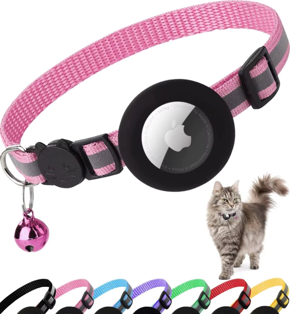 Cute Cat Collar Airtag Breakaway Reflective Kitten Collar with Bell for Apple Air Tag Holder Bell Nylon Silicone Collar for Cats